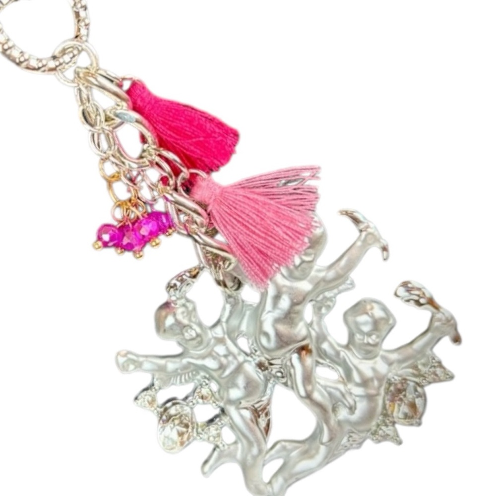 Silver Cherub Bag Charm with Pink Tassels &‎ Rhinestone Accents Handmade